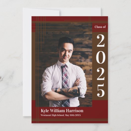 ブラウン マルーン 学校の色 卒業写真 格子縞 招待状 (正面)