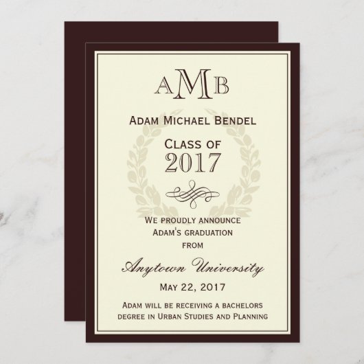 ブラウン·モエレガントノグラム卒業発表 案内状 (正面/裏面)