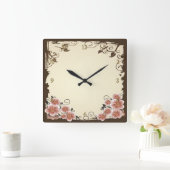 ブラウン モダン フラワー スクエア壁時計 (ホーム)