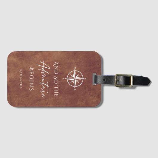 ブラウン・レザー・アドベンチャーパーソナライズされた開始 ラゲッジタグ (正面横)