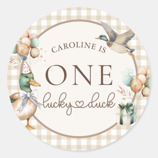 ブラウン・ワン・ラッキーアヒル・バルーン1stバースデーシール ラウンドシール (正面)