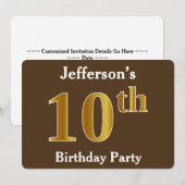 ブラウン、偽のゴールド10歳の誕生日パーティー; オーダーメイドのお名前 招待状 (正面/裏面)