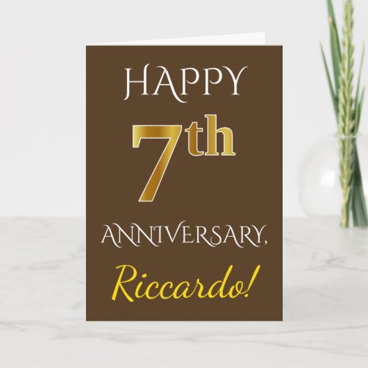 ブラウン、偽ゴールド 7周年 結婚記念日 + 名前 カード (正面)