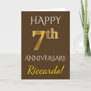 ブラウン、偽ゴールド 7周年 結婚記念日 + 名前 カード