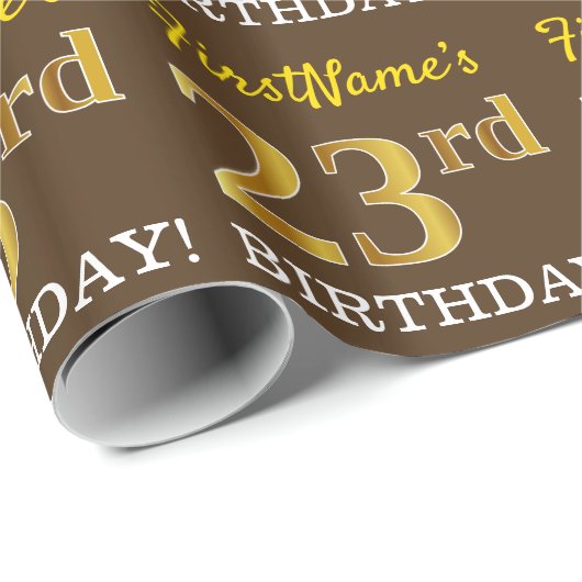 ブラウン、模倣金ゴールドルック"23誕生日" ラッピングペーパー (ロールコーナー)