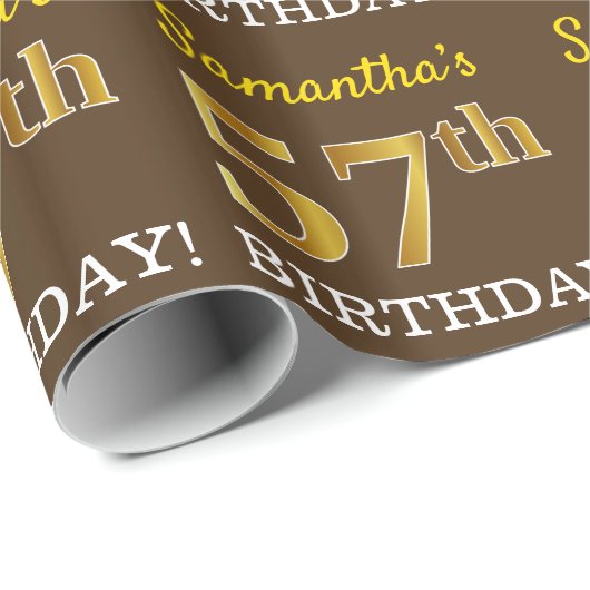 ブラウン、模倣金ゴールドルック"57誕生日" ラッピングペーパー (ロールコーナー)