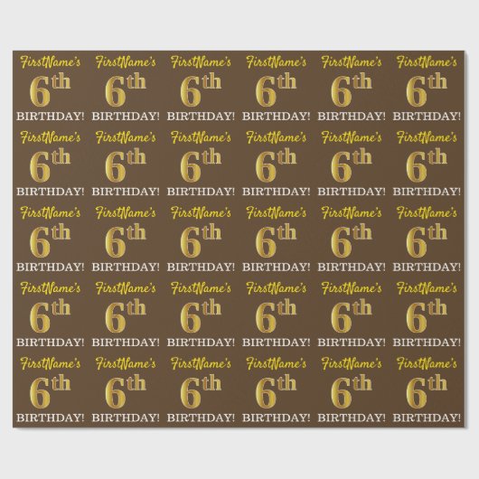 ブラウン、模倣金ゴールドルック"6誕生日" ラッピングペーパー (フラット)