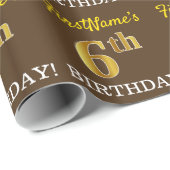 ブラウン、模倣金ゴールドルック"6誕生日" ラッピングペーパー (ロールコーナー)