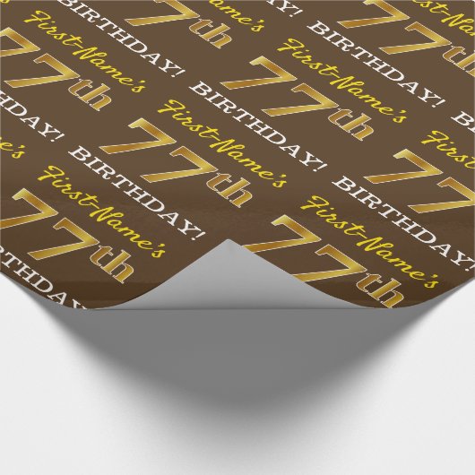 ブラウン、模倣金ゴールドルック"77誕生日" ラッピングペーパー (角)