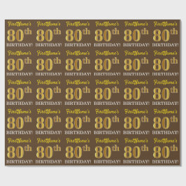 ブラウン、模倣金ゴールドルック"80誕生日" ラッピングペーパー