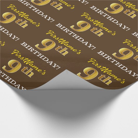 ブラウン、模倣金ゴールドルック"9誕生日" ラッピングペーパー (角)