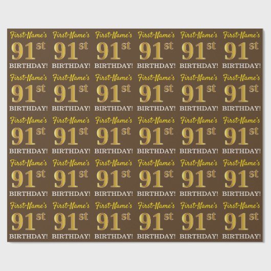 ブラウン、模倣金ゴールドルック"91st誕生日" ラッピングペーパー (フラット)