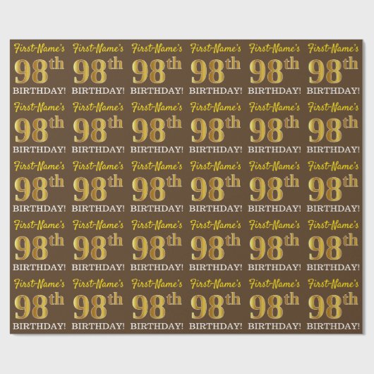 ブラウン、模倣金ゴールドルック"98誕生日" ラッピングペーパー (フラット)