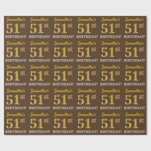 ブラウン、模造金ゴールドルック"51誕生日" ラッピングペーパー (フラット)