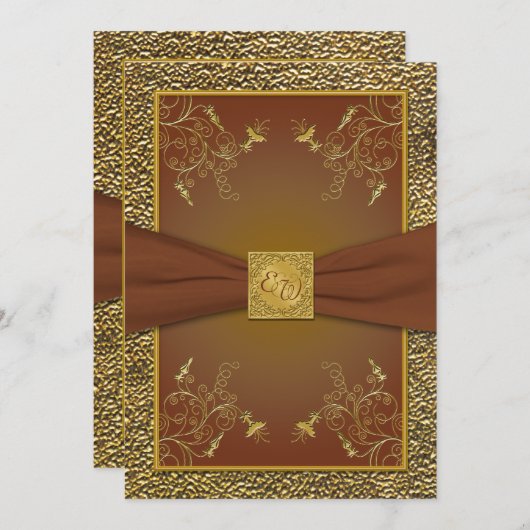 ブラウン·華美金ゴールド·モノグラム結婚式招待状 招待状 (正面/裏面)