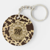ブラウン&金ゴールドアニマルプリントアンティークチャームイニシャル キーホルダー (裏面)