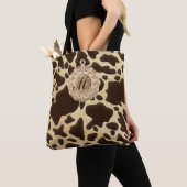 ブラウン&金ゴールドアニマルプリントアンティークチャームイニシャル トートバッグ (クローズアップ)