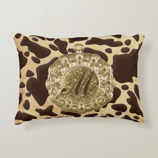 ブラウン&金ゴールドアニマルプリントアンティークチャーム アクセントクッション (正面)