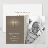 ブラウン、金ゴールドクロス、宗教写真 招待状 (正面/裏面)