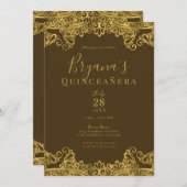 ブラウン&金ゴールドレースキエレガントンセアニラパーティー 招待状 (正面/裏面)