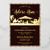 ブラウン&金ゴールド出生宗教的なクリスマスパーティー 箔招待状 (正面)