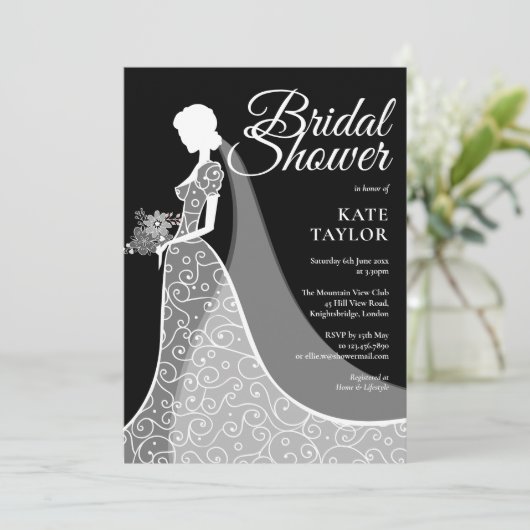ブラエレガントックアンドホワイトレースガウンブライダルシャワー 招待状 (スタンド正面)