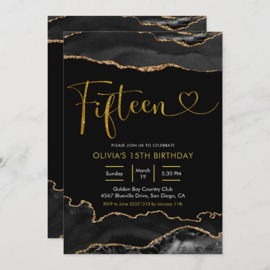 ブラエレガントックアンド金ゴールドエーゲートフィーチ誕生日 招待状 (正面/裏面)