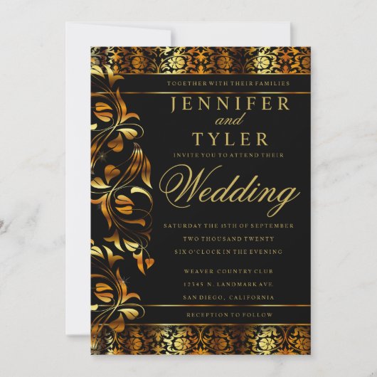 ブラエレガントックアンリッチ金ゴールドダマスク招待状 招待状 (正面)