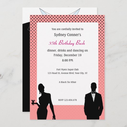 ブラエレガントックタイバースデーパーティーブラック招待状 招待状 (正面/裏面)