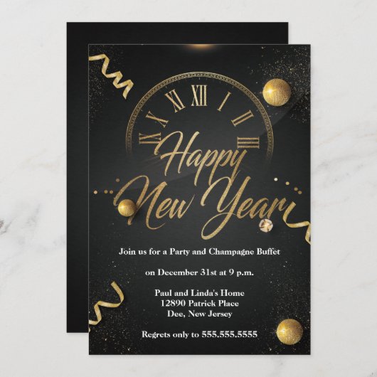 ブラエレガントック&ゴールドフォイル·ニューイーブ·パーティー 招待状 (正面/裏面)