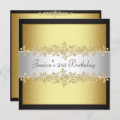 ブラエレガントック&ホワイト金ゴールドバラ誕生会 招待状 (正面/裏面)