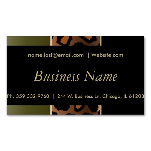 ブラエレガントック、金ゴールド、オリーブグリーンレオパードストライプ マグネット名刺 (正面)