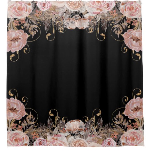 ブラエレガントックnピンクの水色フローラバラ金ゴールド シャワーカーテン (正面)
