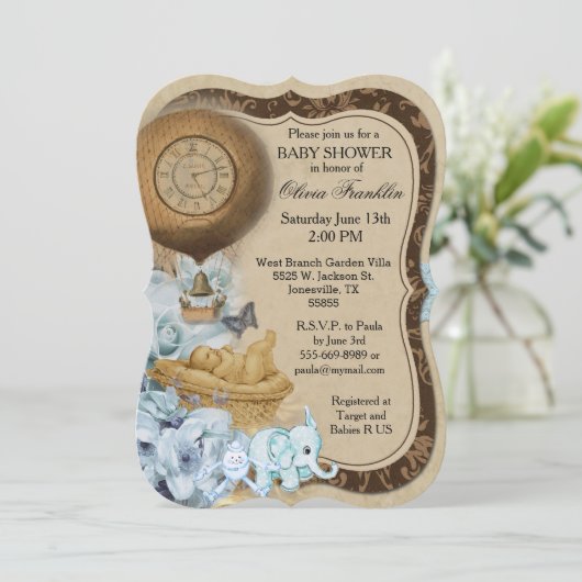 ブラケットのヴィンテージの男の赤ちゃんのシャワーの招待状 招待状 (スタンド正面)