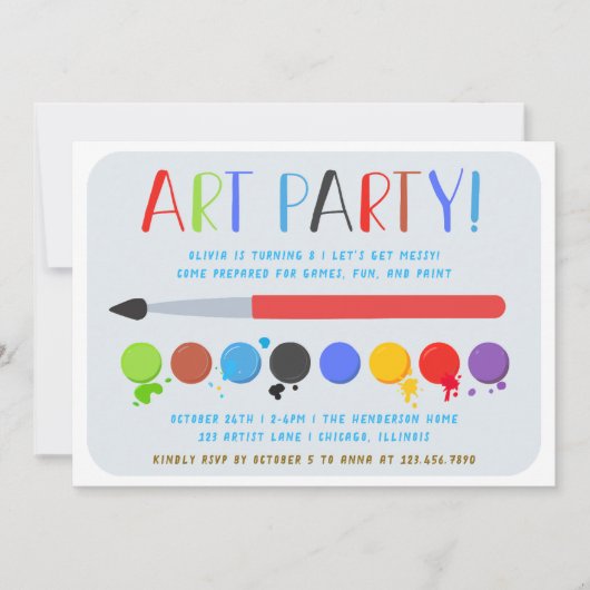 ブラシとキッ絵を描ズアート誕生日パーティー 招待状 (正面)