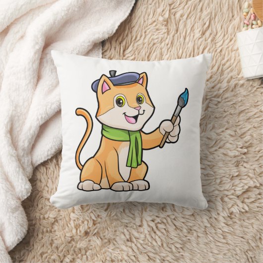 ブラシとスカーフを巻いた画家としての猫 クッション (ブランケット)