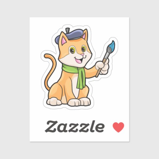 ブラシとスカーフを巻いた画家としての猫 シール (シート)