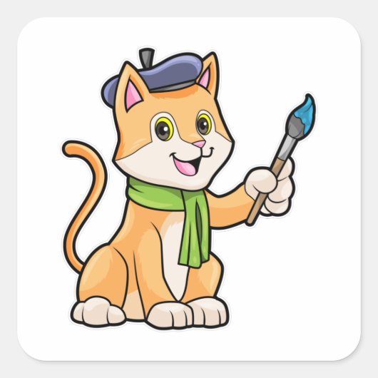 ブラシとスカーフを巻いた画家としての猫 スクエアシール (正面)