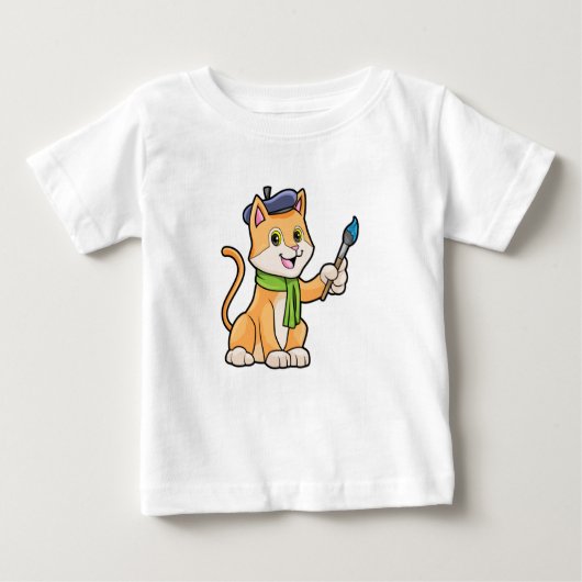 ブラシとスカーフを巻いた画家としての猫 ベビーTシャツ (正面)