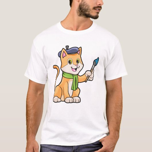 ブラシとスカーフを巻いた画家としての猫 Tシャツ (正面)