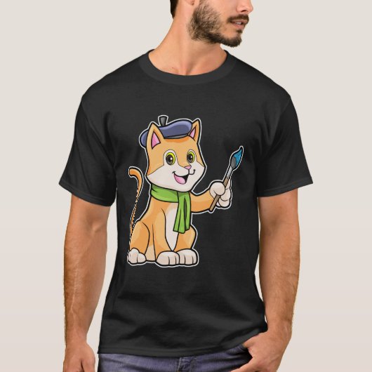 ブラシとスカーフを巻いた画家としての猫 Tシャツ (正面)