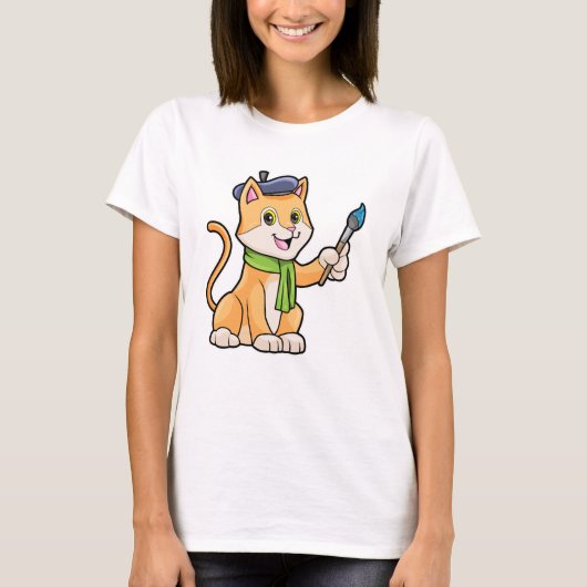 ブラシとスカーフを巻いた画家としての猫 Tシャツ (正面)