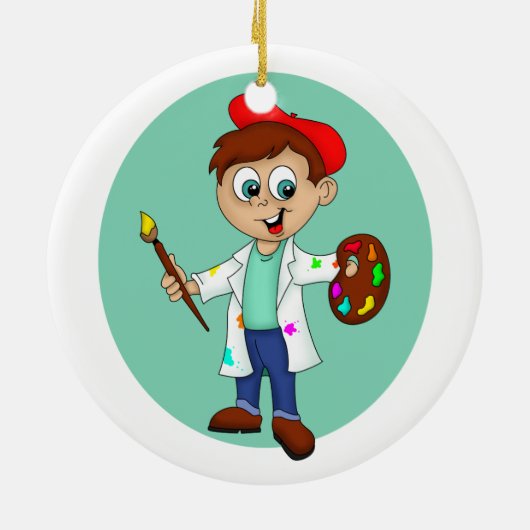 ブラシとパレットを持つ漫画の男性アーティスト セラミックオーナメント (裏面)