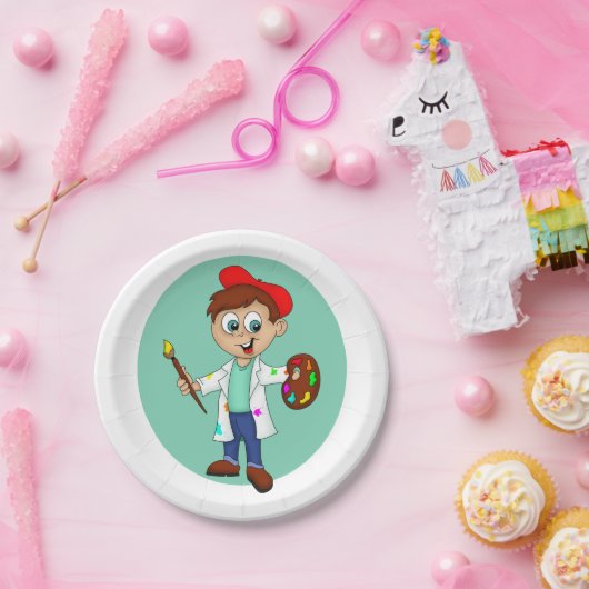 ブラシとパレットを持つ漫画の男性アーティスト ペーパープレート (パーティー)