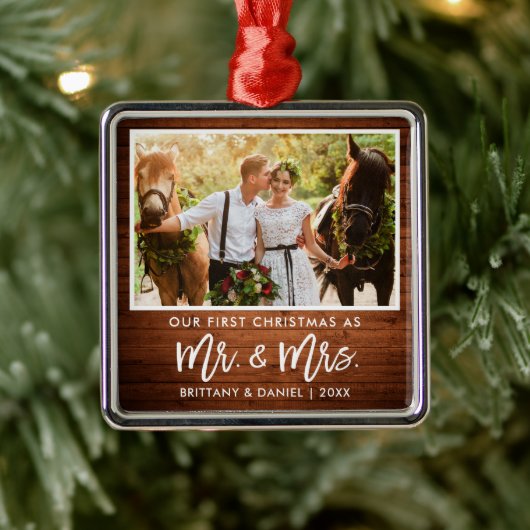 ブラシのスクリプトの木の初めてのクリスマスミスターとミセス メタルオーナメント (ツリー)