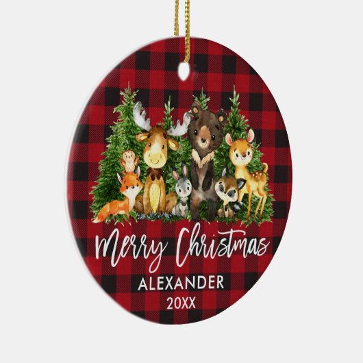 ブラシのスクリプトクリスマスウッドランド動物のプレイド セラミックオーナメント (右)