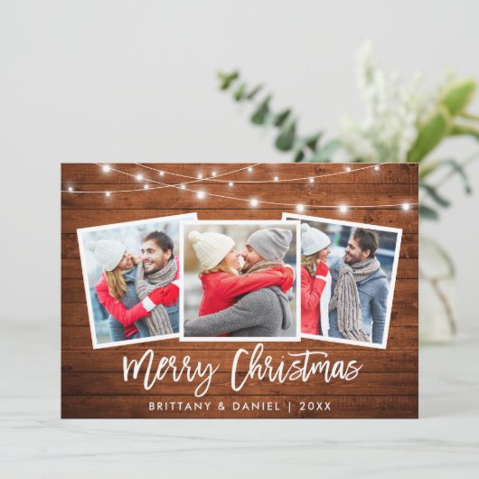 ブラシのスクリプトライト素朴ウッドクリスマス3写真 シーズンカード (スタンド正面)