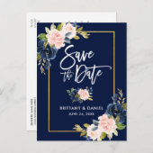 ブラシの原稿のピンクの青い花柄の保存日付 案内ポストカード (正面/裏面)