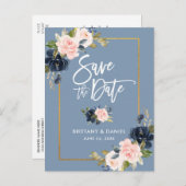 ブラシの原稿の挨りだらけの青いピンクの花柄の保存日付 案内ポストカード (正面/裏面)