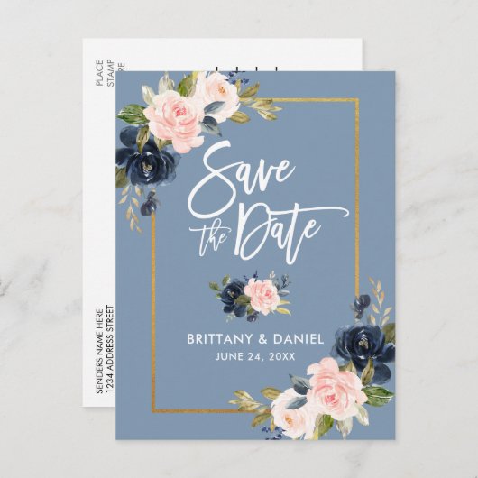 ブラシの原稿の挨りだらけの青いピンクの花柄の保存日付 案内ポストカード (正面/裏面)